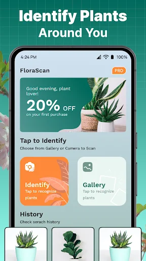 HiPlant home screen with FloraScan scanner, 20% discount offer, Identify and Gallery buttons, and plant scanning history