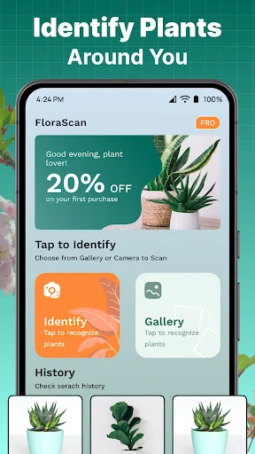 HiPlant home screen with FloraScan scanner, 20% discount offer, Identify and Gallery buttons, and plant scanning history