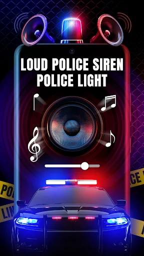 Loud Police Siren Police Light main screen with speaker icon, music notes, volume slider, and police car with flashing lights