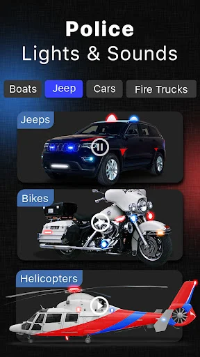 Police Lights and Sounds categories screen with Beats, Jeep, Cars, Fire Trucks, Bikes, and Helicopters vehicle options