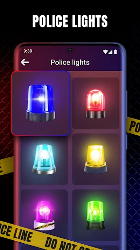 Police Lights selection menu displaying six colorful siren light options in blue, red, cyan, yellow, magenta, and green colors