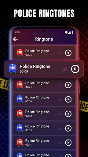 Police Ringtones menu showing list of siren ringtone options with play buttons and duration times for each selection