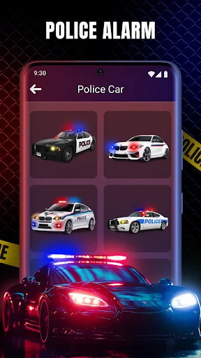Police Car selection menu showing four different police car alarm options to choose from for siren customization