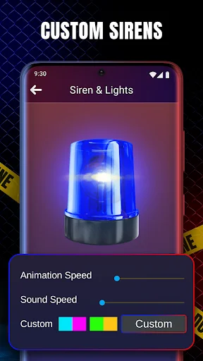 Custom Sirens feature with police light animation, speed sliders for animation and sound, and custom color palette selection