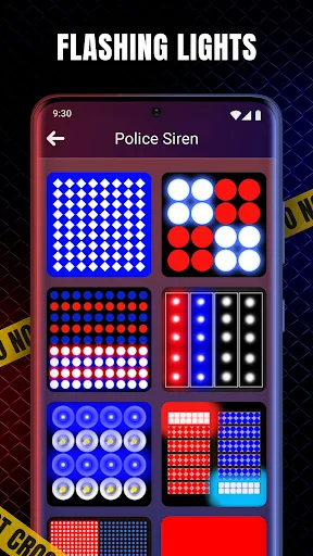 Flashing Lights screen displaying various LED dot patterns and light animations that pulse with police sirens