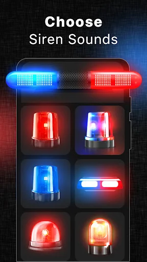 Choose Siren Sounds selection screen featuring six different police siren light options to activate siren audio
