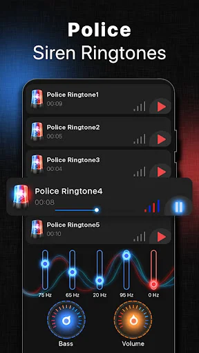 Police Siren Ringtones player showing ringtone list with frequency visualization, bass and volume adjustment controls