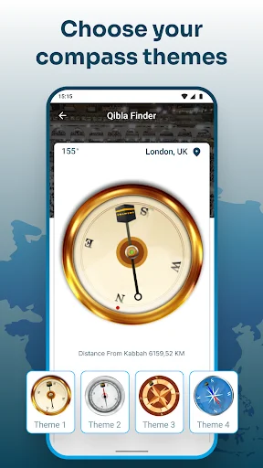 Qibla Finder compass with customizable themes to locate Kaaba direction from London, UK showing distance 0150.52 KM