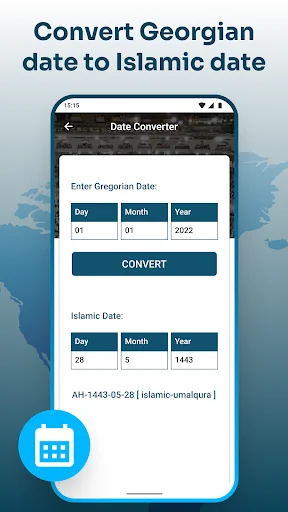 Georgian to Islamic Hijri date converter tool showing input fields and conversion results in Arabic calendar