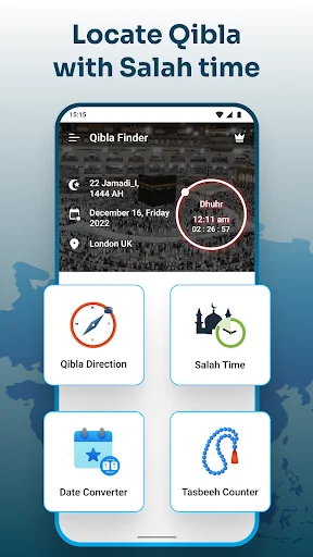 Qibla Compass app main menu displaying four Islamic tools: Qibla finder, prayer times, date converter, tasbih