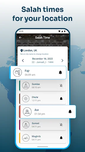 Daily Salah prayer timetable for London, UK with notification toggles for each prayer time including Fajr and Asr