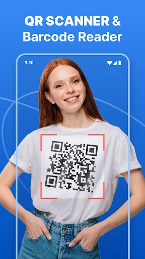 QR Scanner & Barcode Reader app promotional image featuring woman in QR code t-shirt design