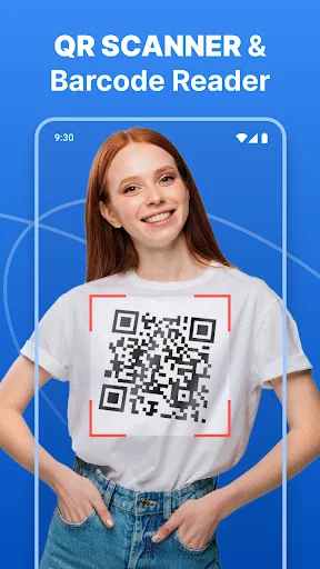 QR Scanner & Barcode Reader app promotional image featuring woman in QR code t-shirt design