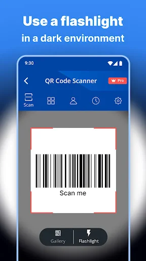 Barcode scanner interface showing barcode with flashlight option for low light scanning