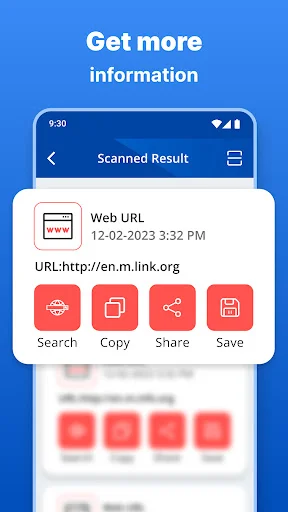 Scanned QR code result page with Web URL timestamp and Search, Copy, Share, Save action buttons