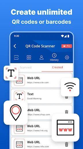 Created QR codes and barcodes history list displaying Web URLs and text code entries