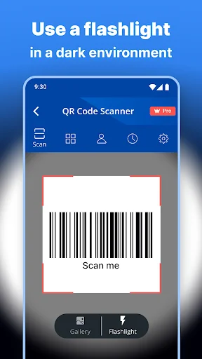 Barcode scanner interface showing barcode with flashlight option for low light scanning