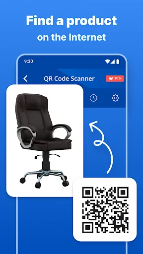 QR code scanner interface showing office chair product with connected QR code for research