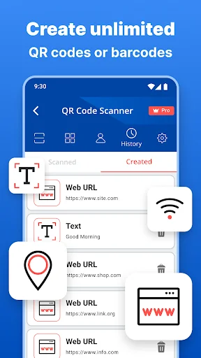 Created QR codes and barcodes history list displaying Web URLs and text code entries