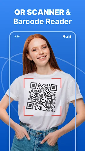 QR Scanner & Barcode Reader app promotional image featuring woman in QR code t-shirt design