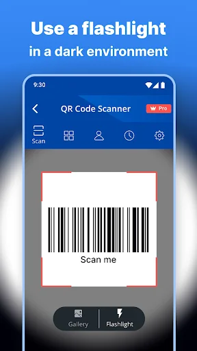 Barcode scanner interface showing barcode with flashlight option for low light scanning