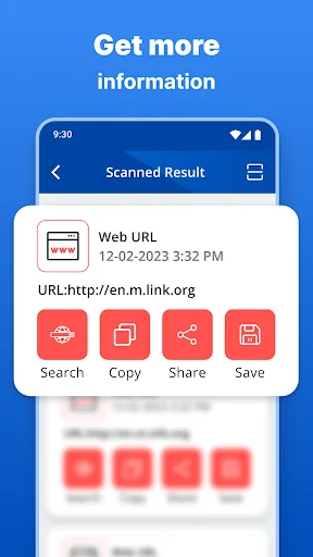 Scanned QR code result page with Web URL timestamp and Search, Copy, Share, Save action buttons