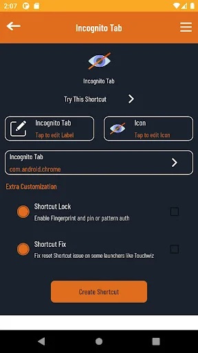 Incognito Tab shortcut setup screen with customization options and Create Shortcut button action