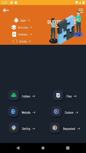 QuickShortcutMaker menu showing Apps, Activities, Contacts, and Intents navigation options