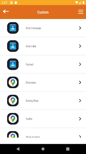 Custom shortcuts list with Direct message, Direct dial, Contact, Directions, Driving Mode, Traffic
