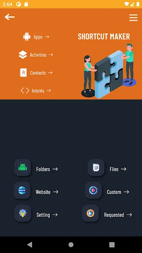 QuickShortcutMaker home screen with shortcut category menu: Folders, Files, Website, Custom, Settings
