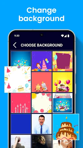 Background selection screen showing colorful birthday and celebration themed photo backgrounds in grid