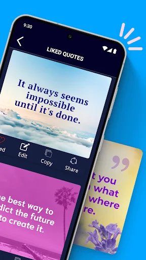 Liked quotes gallery displaying motivational quote on ocean background with edit, copy, and share buttons