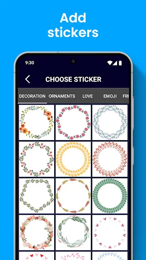 Sticker chooser displaying decorative floral wreath and ornament frames for quote designs
