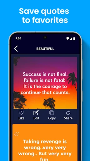 Save quotes to favorites feature showing success quote on sunset palm tree background with action buttons