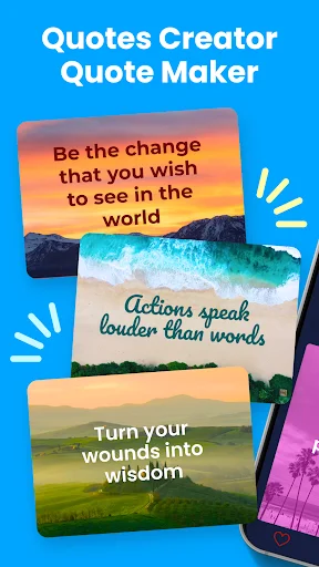 Quotes Creator app home screen showing inspirational quote cards with text overlays on nature photos