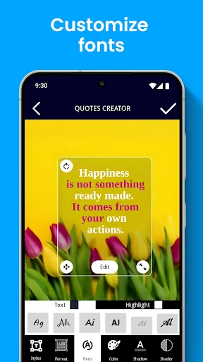 Font customization editor with happiness quote on yellow floral background and text styling toolbar