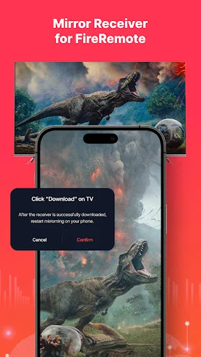 Mirror receiver feature showing phone screen casting dinosaur content to Fire TV with download confirmation dialog