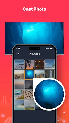 Cast photo feature displaying phone photo gallery with underwater image being cast to Fire TV screen