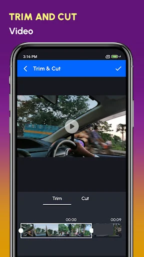 Trim and Cut Video editor with preview, timeline, Trim and Cut buttons, and video segment selection controls