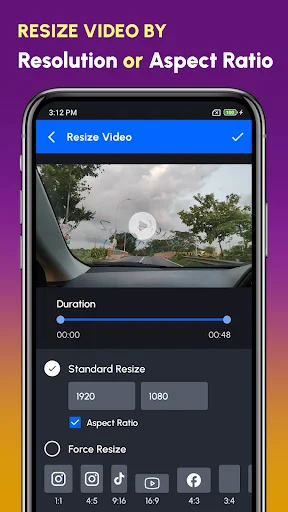 Resize Video editor showing preview with duration timeline, 1920 and 1080 resolution options, and aspect ratio settings