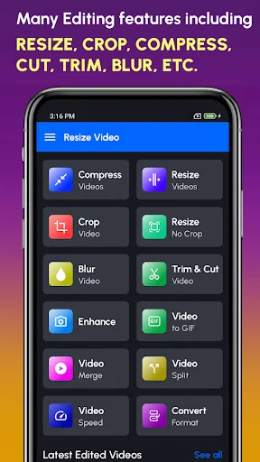 Resize Video app main menu with editing tools: compress, resize, crop, blur, enhance, merge, speed, trim, cut, and convert