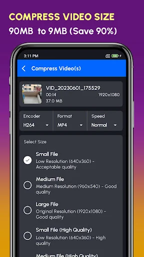 Compress Video screen with quality options: small, medium, large file sizes, encoder format, and resolution settings