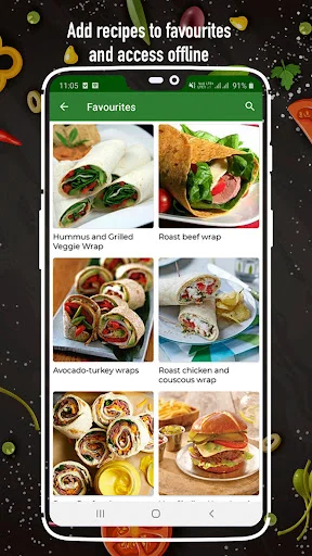 Favourites screen in Sandwich Recipes app displaying saved recipes including wraps and chicken sandwiches for offline access