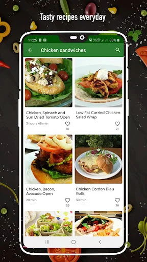 Chicken sandwich recipe category view displaying tasty recipe cards with cooking times and favorite buttons