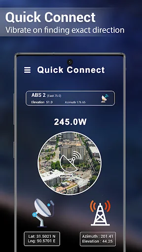 Satellite Finder Quick Connect showing ABS 2 satellite at 245.0W with azimuth, elevation, and GPS coordinates