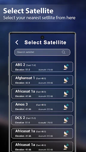 Select Satellite screen showing available satellites with elevation and azimuth data for Dish Network alignment