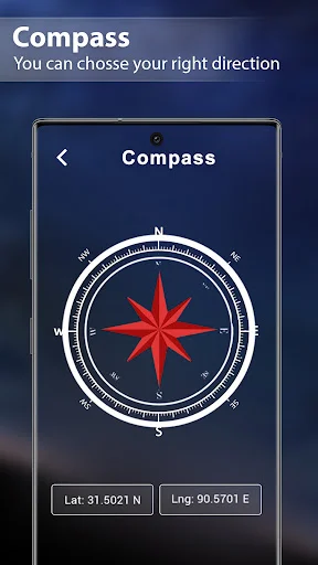 Compass tool with red directional indicator and cardinal directions for satellite dish pointing and alignment