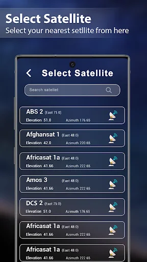 Select Satellite screen showing available satellites with elevation and azimuth data for Dish Network alignment