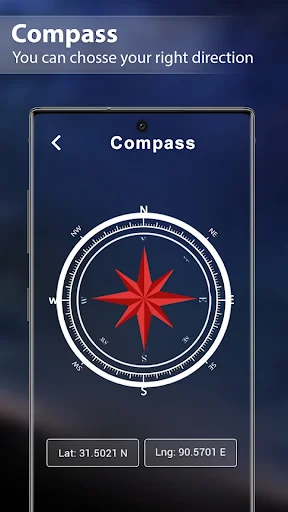 Compass tool with red directional indicator and cardinal directions for satellite dish pointing and alignment