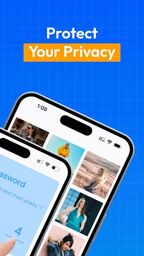 Privacy protection feature displaying dual phone screens with photo gallery and security measures for securing personal images